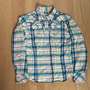 Western Cotton Plaid Snap Button Shirt in Teal and Cream S